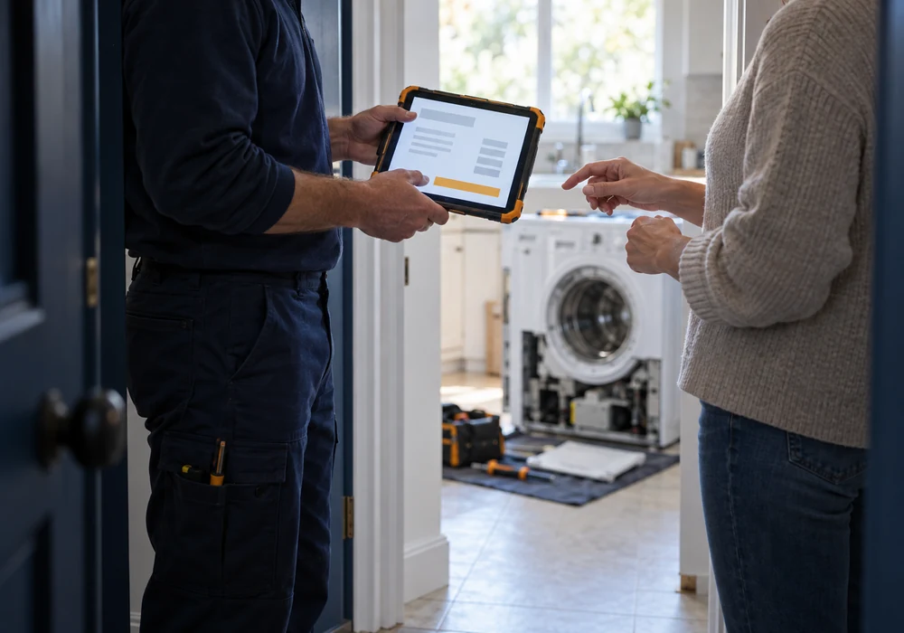 Technician showing a flat-rate repair quote to a homeowner on a tablet