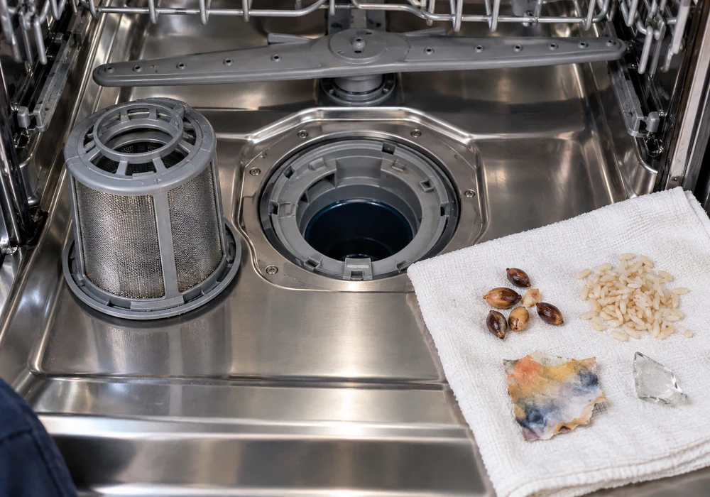 Filter basket and sump cleared of debris in the base of a dishwasher
