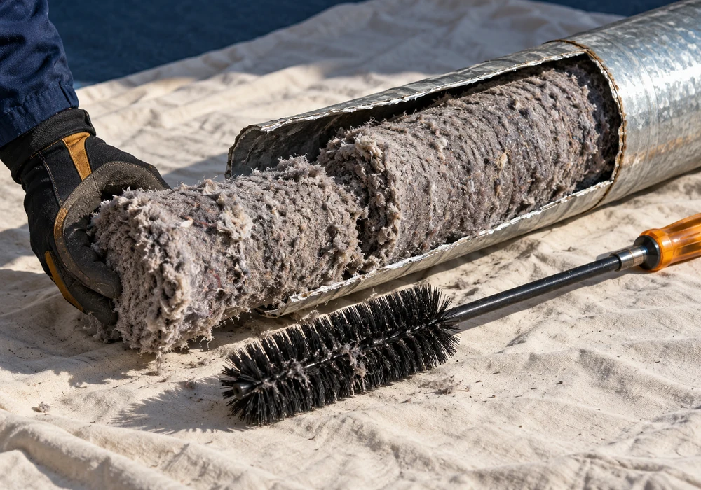 Lint accumulation inside a dryer duct run removed during a service visit