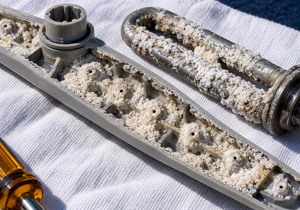 Mineral scale deposits inside a dishwasher spray arm and heating element