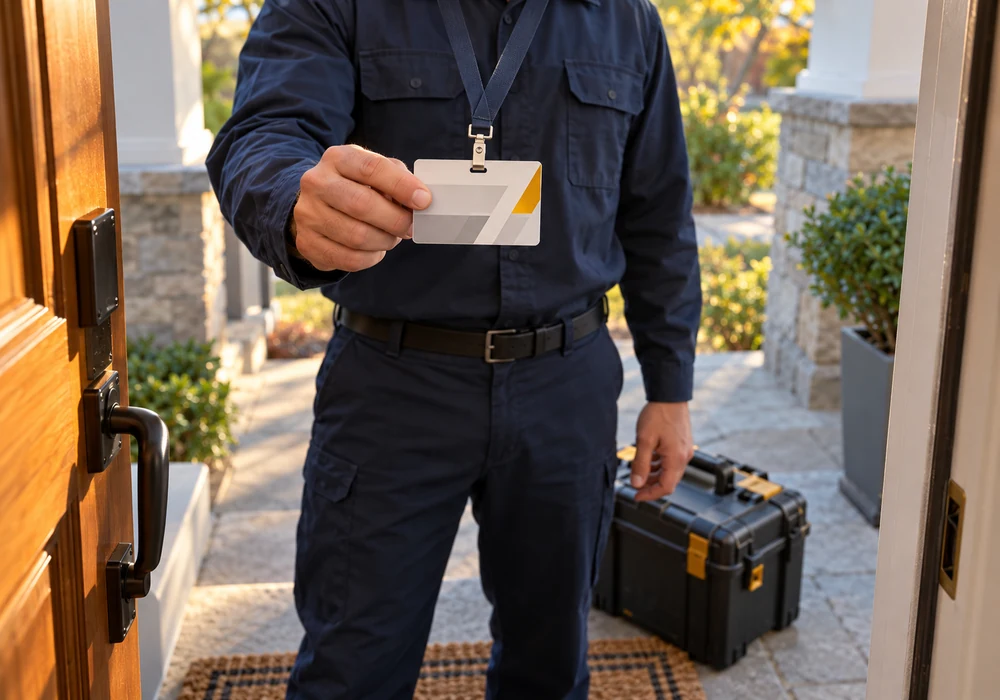Technician in uniform showing identification at a customer doorstep
