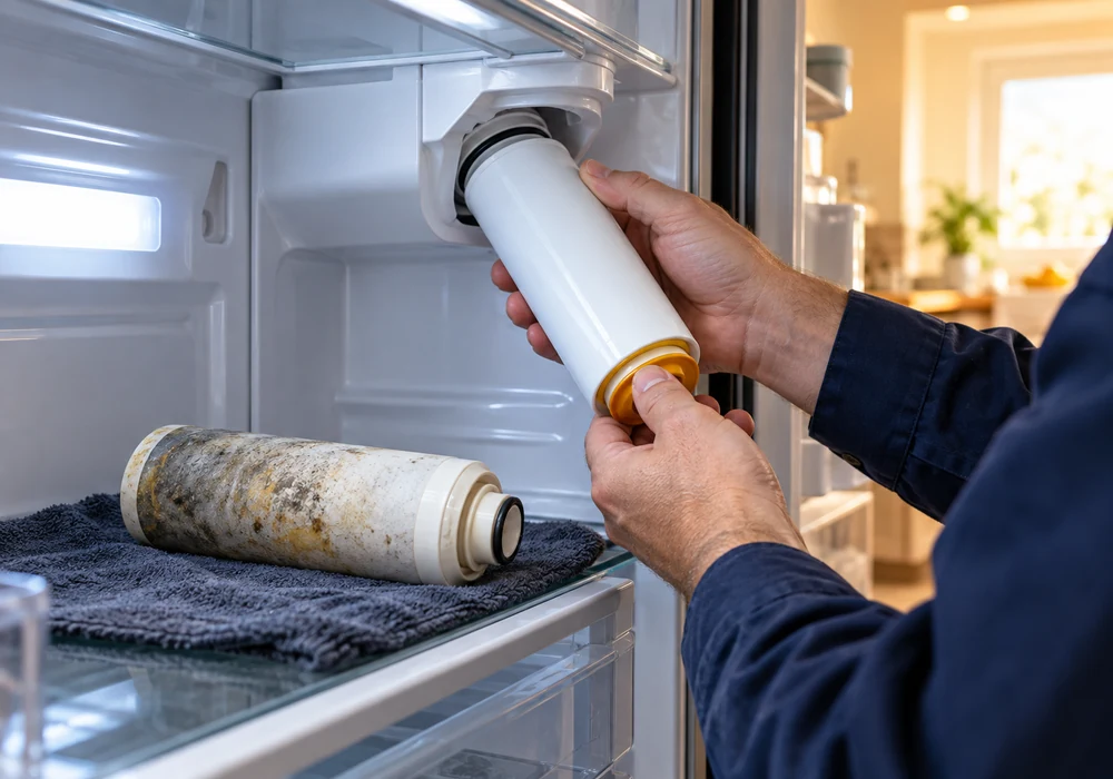 Refrigerator water filter being replaced during an ice maker diagnosis
