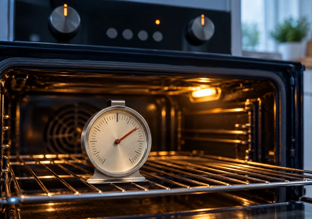 Oven thermometer on a middle rack beside a control panel showing the set temperature