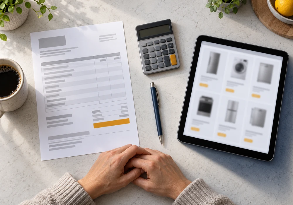 Homeowner comparing a repair quote against replacement appliance prices