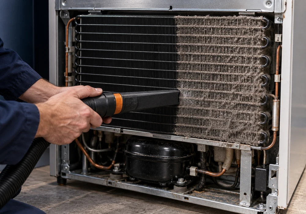Technician vacuuming dust from refrigerator condenser coils during a maintenance visit