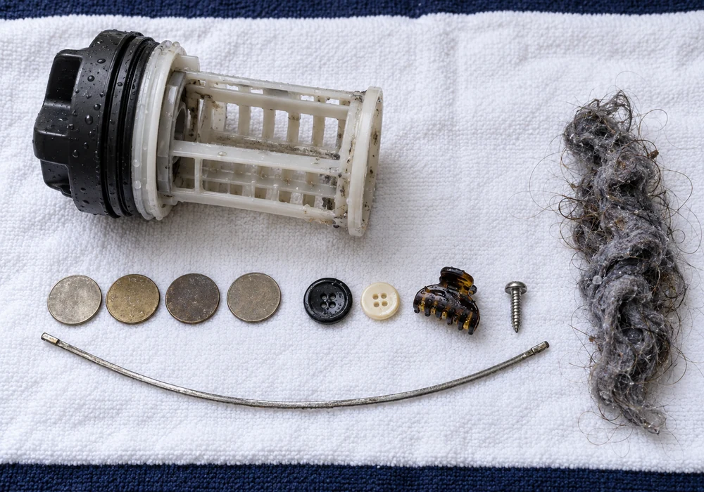 Coins and debris removed from a washing machine drain pump filter