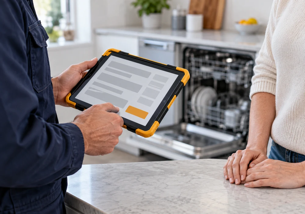 Technician showing a flat-rate repair quote on a tablet to a homeowner