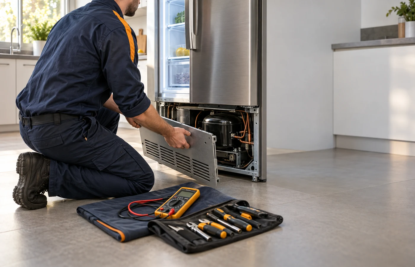 Appliance technician diagnosing a refrigerator in a customer's kitchen