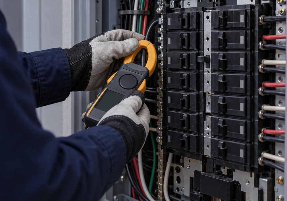 Technician measuring appliance current draw at a service panel