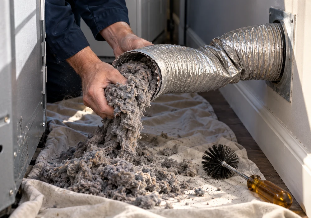 Technician clearing lint from a dryer duct run behind the machine
