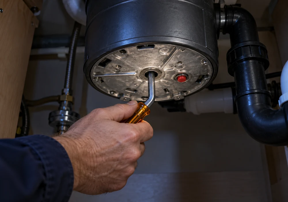 Technician using a hex wrench in the base of a garbage disposal to free the flywheel