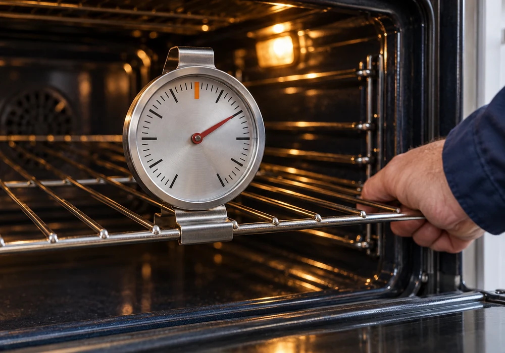 Oven thermometer on a rack showing a reading different from the set temperature