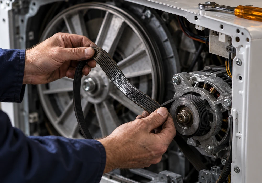 Technician inspecting a worn drive belt and motor pulley on a washing machine